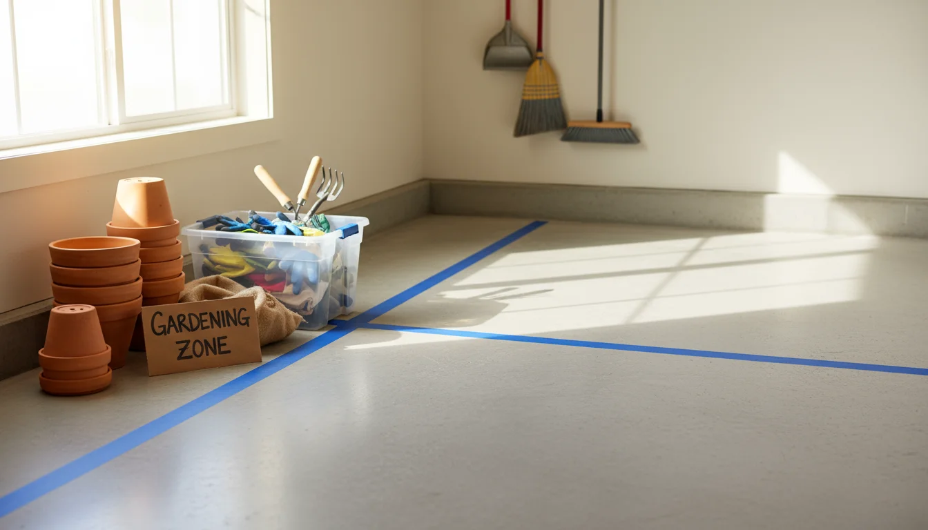 A garage floor divided by blue painter's tape. One side holds gardening supplies, the other car cleaning items.