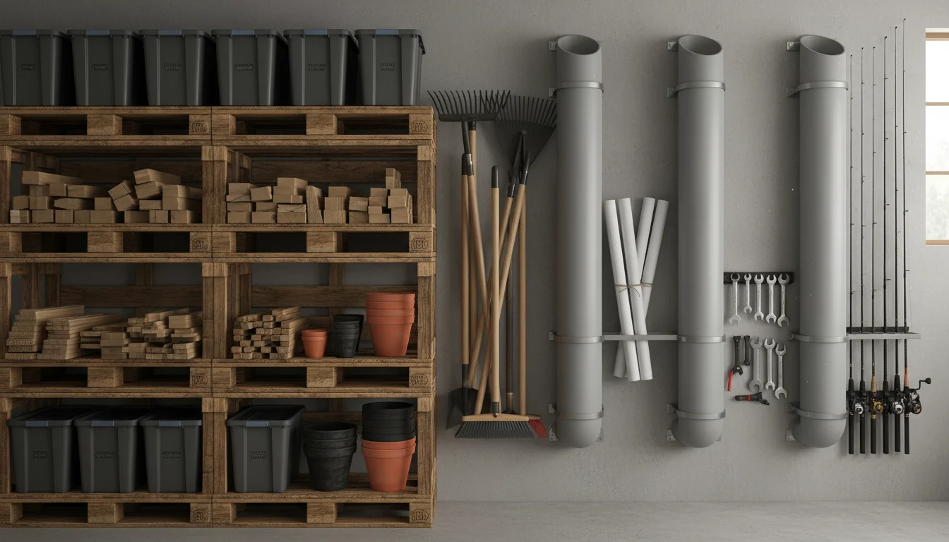 A garage wall showing DIY pallet shelving with wood and bins, next to wall-mounted PVC pipe organizers holding garden tools and extension cords.