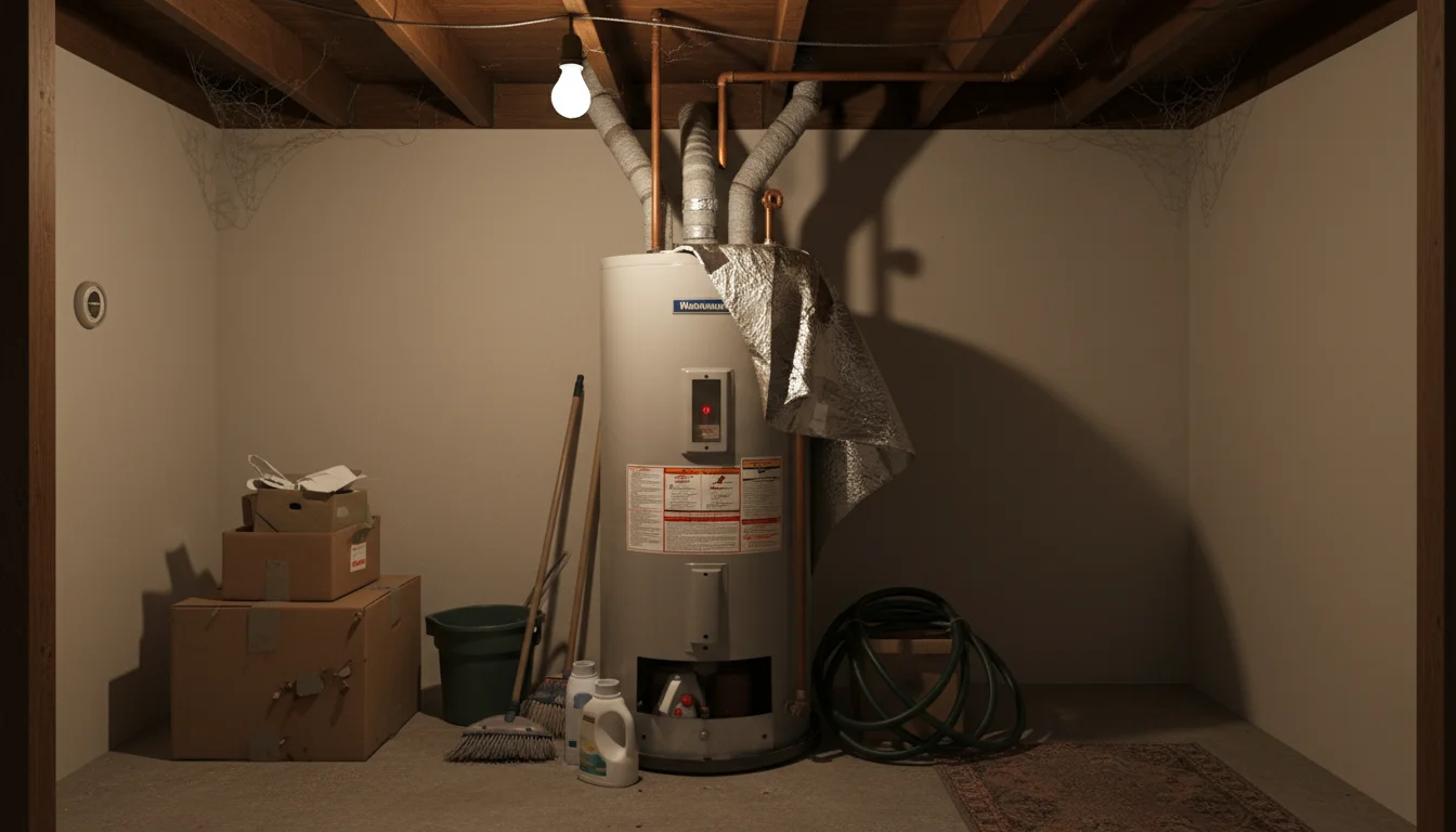 A gender-neutral person surveys a water heater in a utility space. Its pipes are insulated, and a blanket is draped over the top.