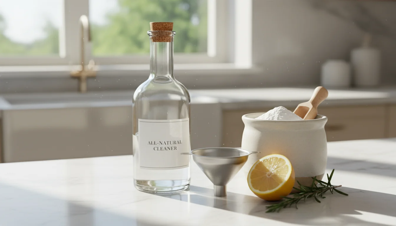 A glass bottle of white vinegar, an open jar of baking soda, and a lemon half on a sunlit kitchen counter.