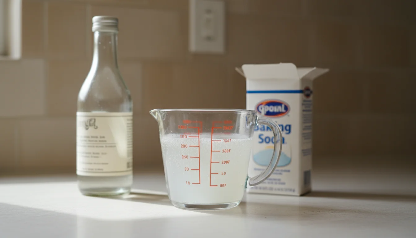 Close-up of a clear glass with dissipating fizz from vinegar and baking soda, flanked by their separate containers on a neutral kitchen counter.