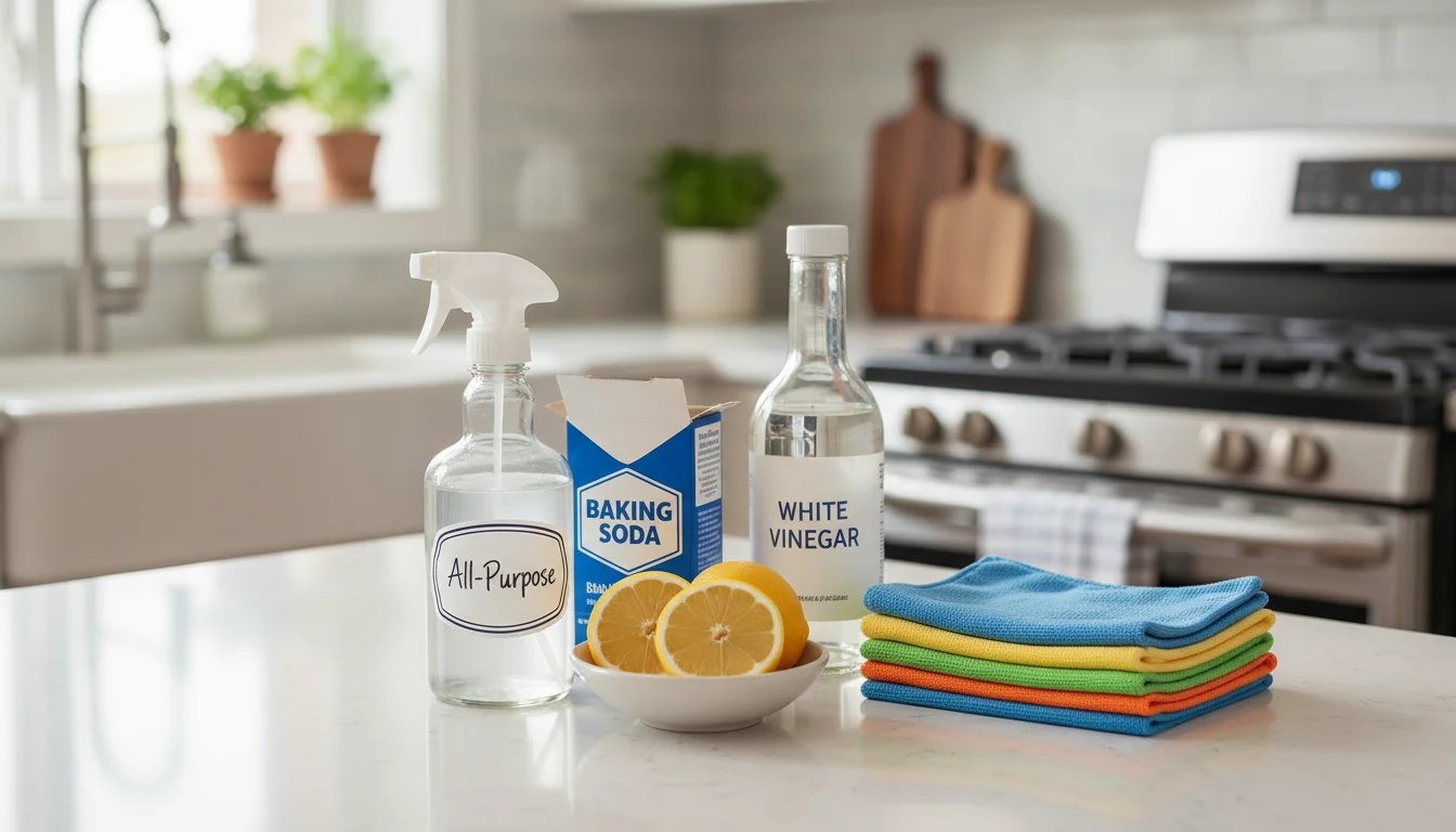 A clear glass spray bottle, lemons, baking soda, vinegar, and colorful microfiber cloths are neatly arranged on a bright kitchen counter.