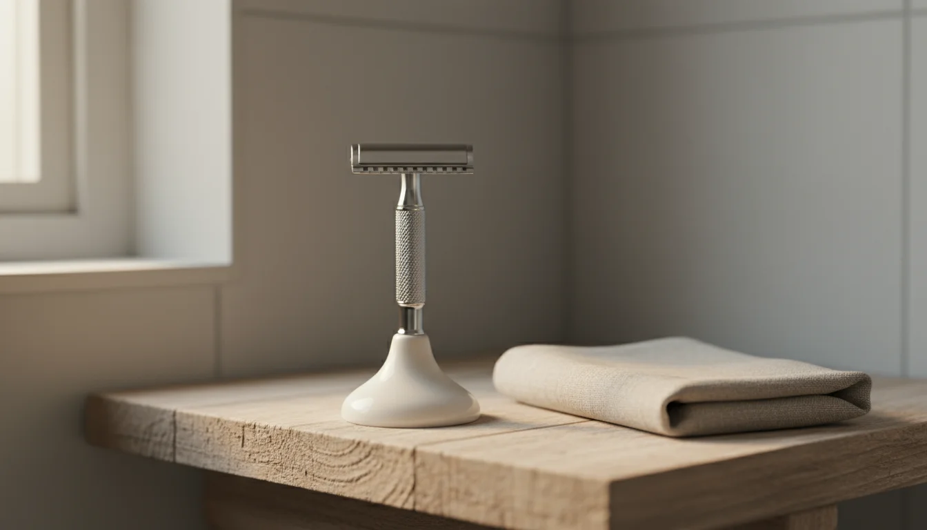 Gleaming chrome safety razor on a white ceramic stand and wooden shelf with a folded linen towel in a bathroom.