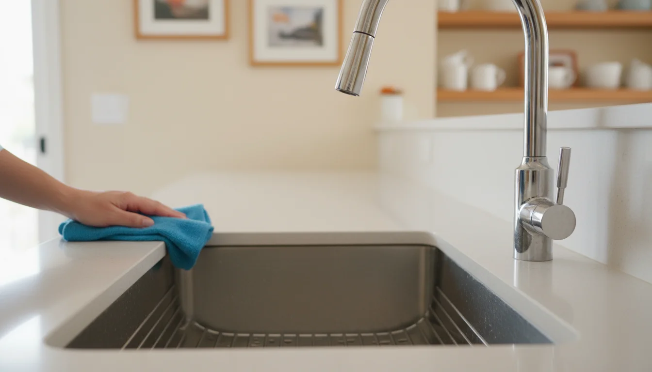 A gleaming stainless steel kitchen sink and polished faucet. A hand places a dry microfiber cloth on the cleared counter next to it.
