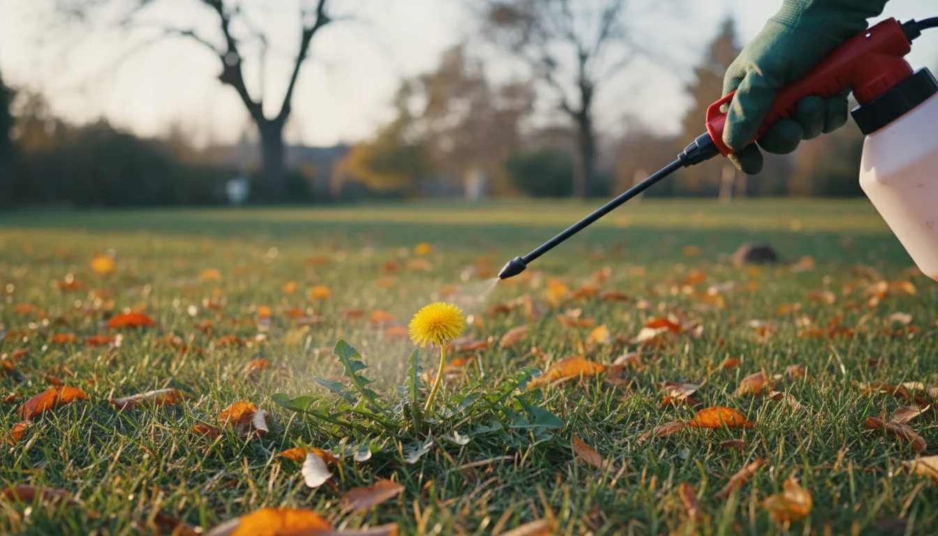 A gloved hand holds a spray bottle, precisely targeting a dandelion in an autumn lawn with scattered leaves. Soft light.