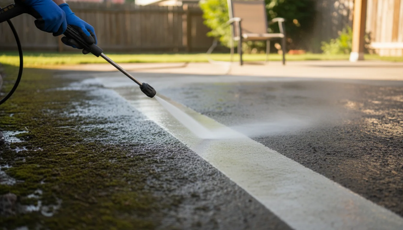 A gloved hand power washes a concrete patio, creating a visible line between the clean, light concrete and the dark, mossy grime.