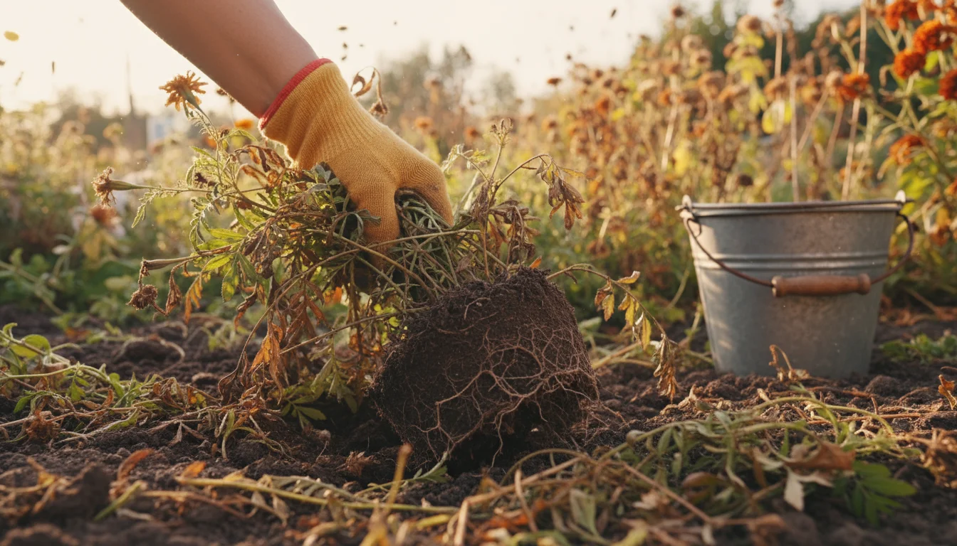 Gloved hand pulls dried brown annuals from dark garden soil, showing brittle stems and roots.