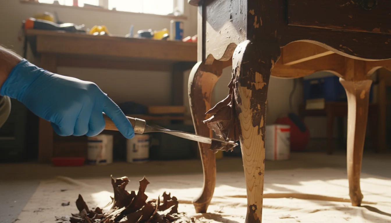 A gloved hand scrapes bubbling old paint from a curved wooden table leg, revealing lighter wood underneath.
