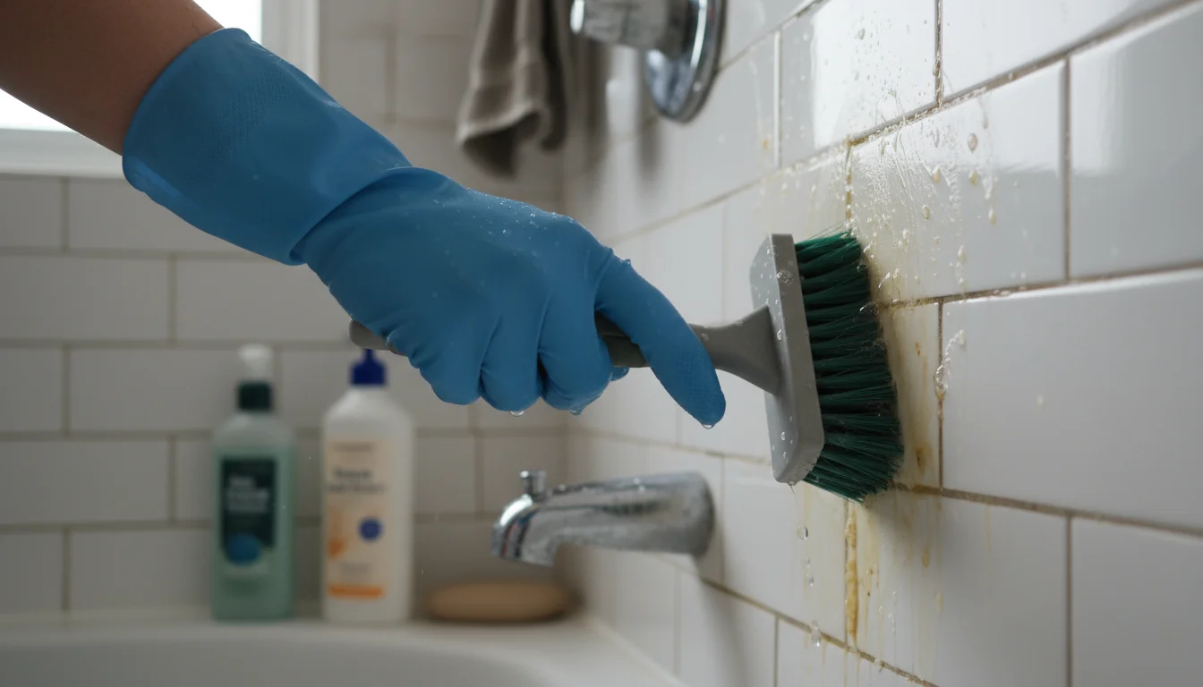Close-up of a gloved hand scrubbing white shower tiles with a stiff brush and homemade vinegar-soap solution, showing active cleaning.