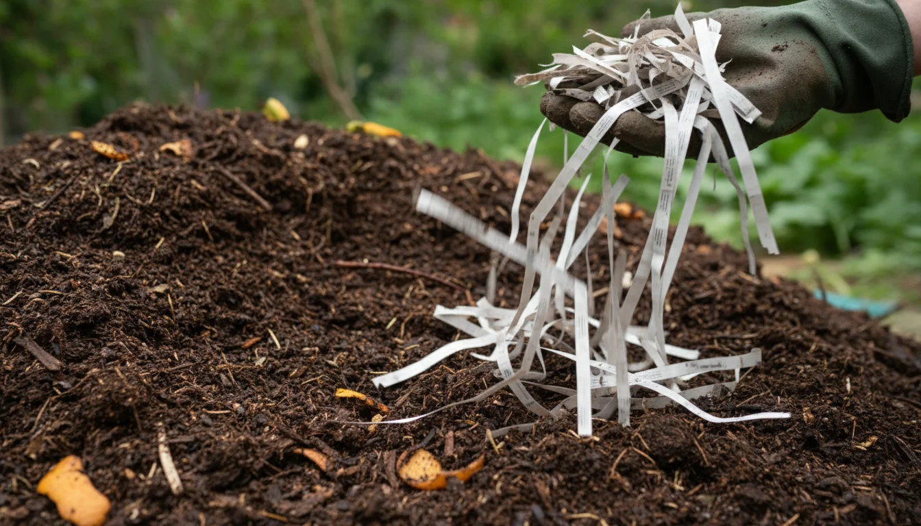 A gloved hand sprinkles dry, shredded newspaper and brown leaves onto a dark, visibly wet and clumpy compost pile.