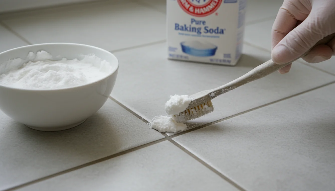A gloved hand uses an old toothbrush to apply a thick baking soda paste onto dirty grout lines on a light grey bathroom floor. Baking soda box and vin