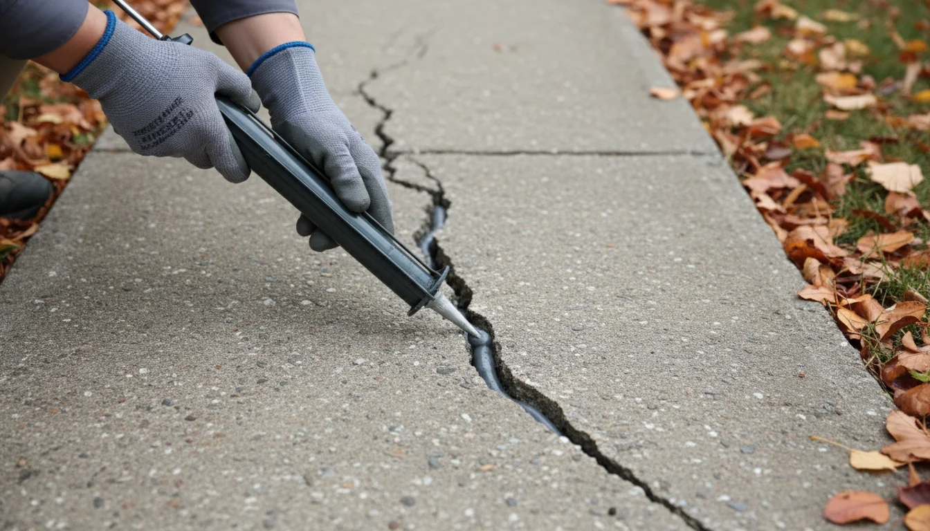 Gloved hands apply gray caulk to a crack in a concrete walkway, with autumn leaves visible in the soft background.