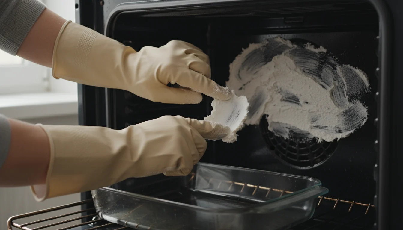 Close-up of gloved hands applying a thick white baking soda paste to the dirty interior walls of an open kitchen oven.