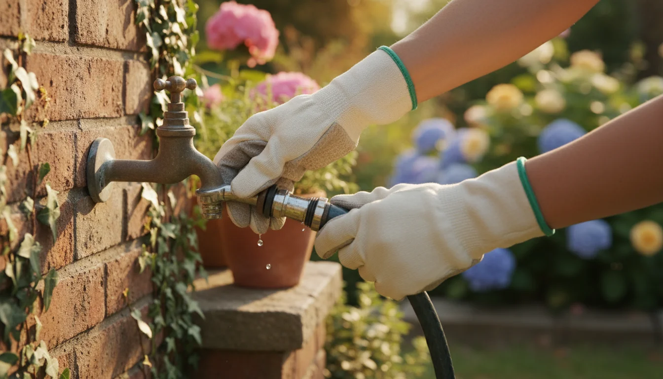 Gloved hands checking an outdoor garden faucet connection for leaks, with a blurred house wall and spring flowers in the background.