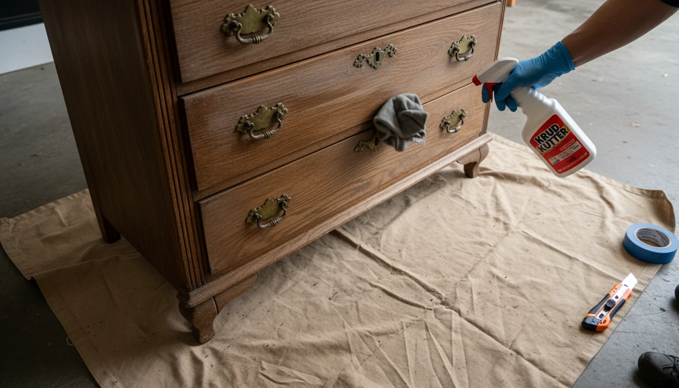Gloved hands diligently scrub a vintage wooden dresser top with a spray bottle and cloth on a drop cloth, cleaning tools nearby.