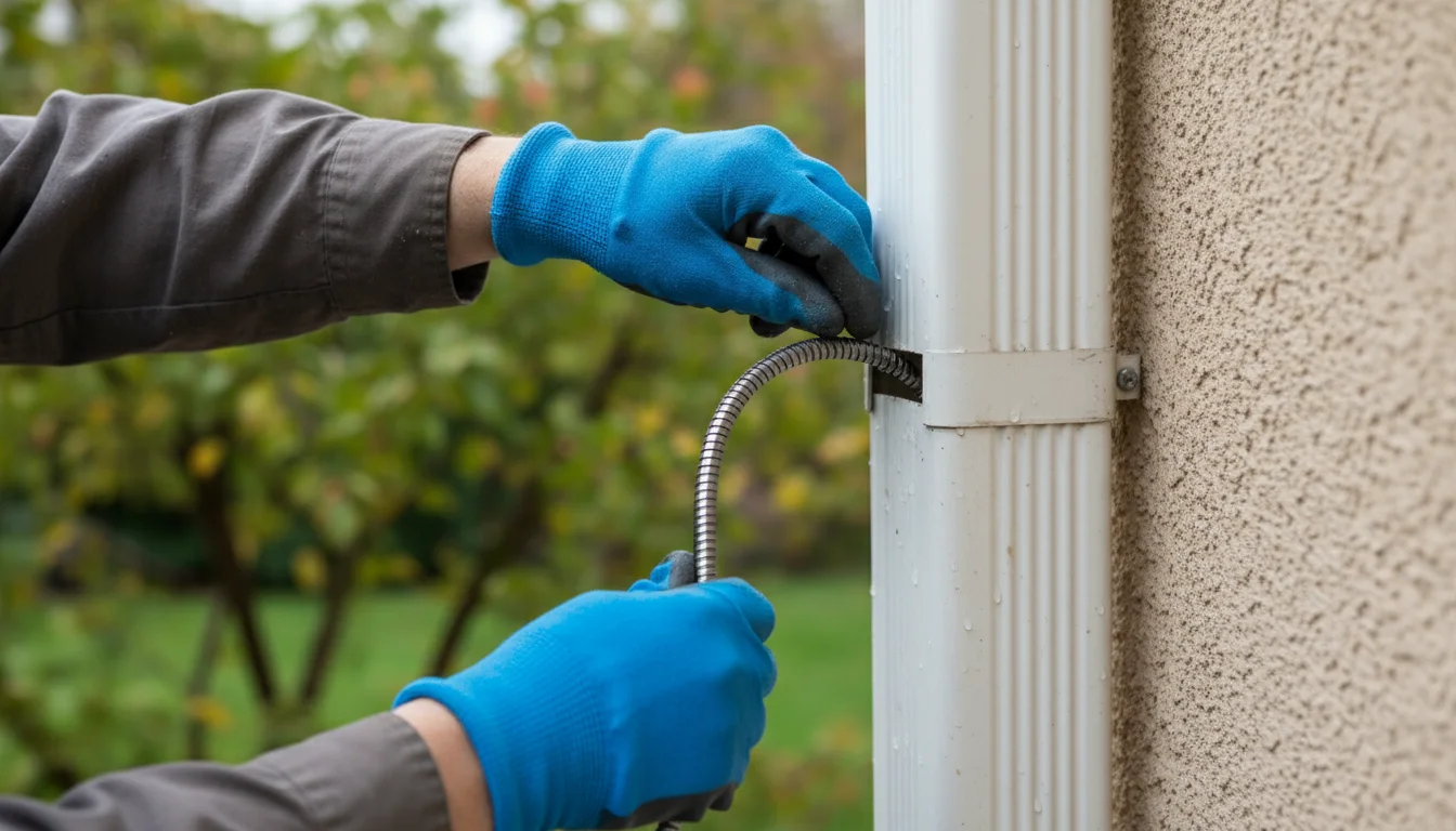 Gloved hands feeding a plumber's snake into the top of a white downspout attached to a house wall.