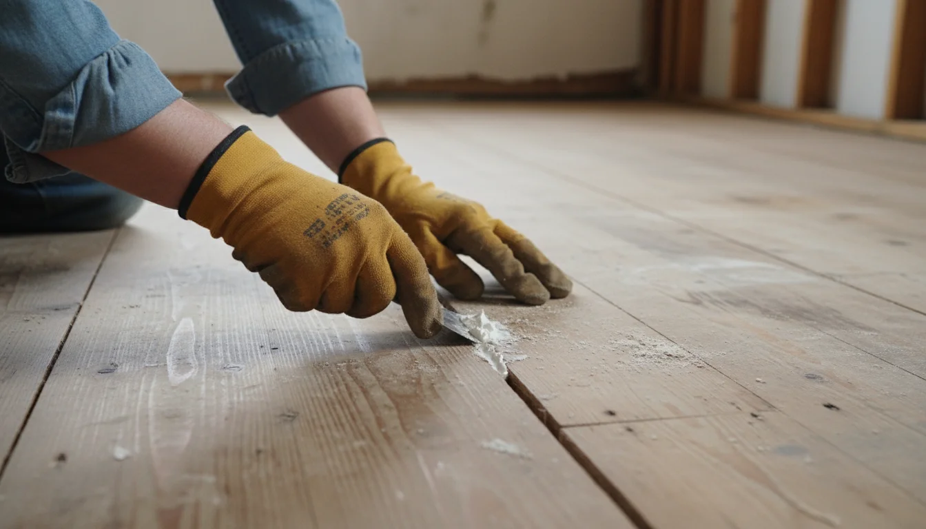 Gloved hands of a person patching a visible crack in a worn wood subfloor with spackle and a small trowel, preparing the surface for tile.