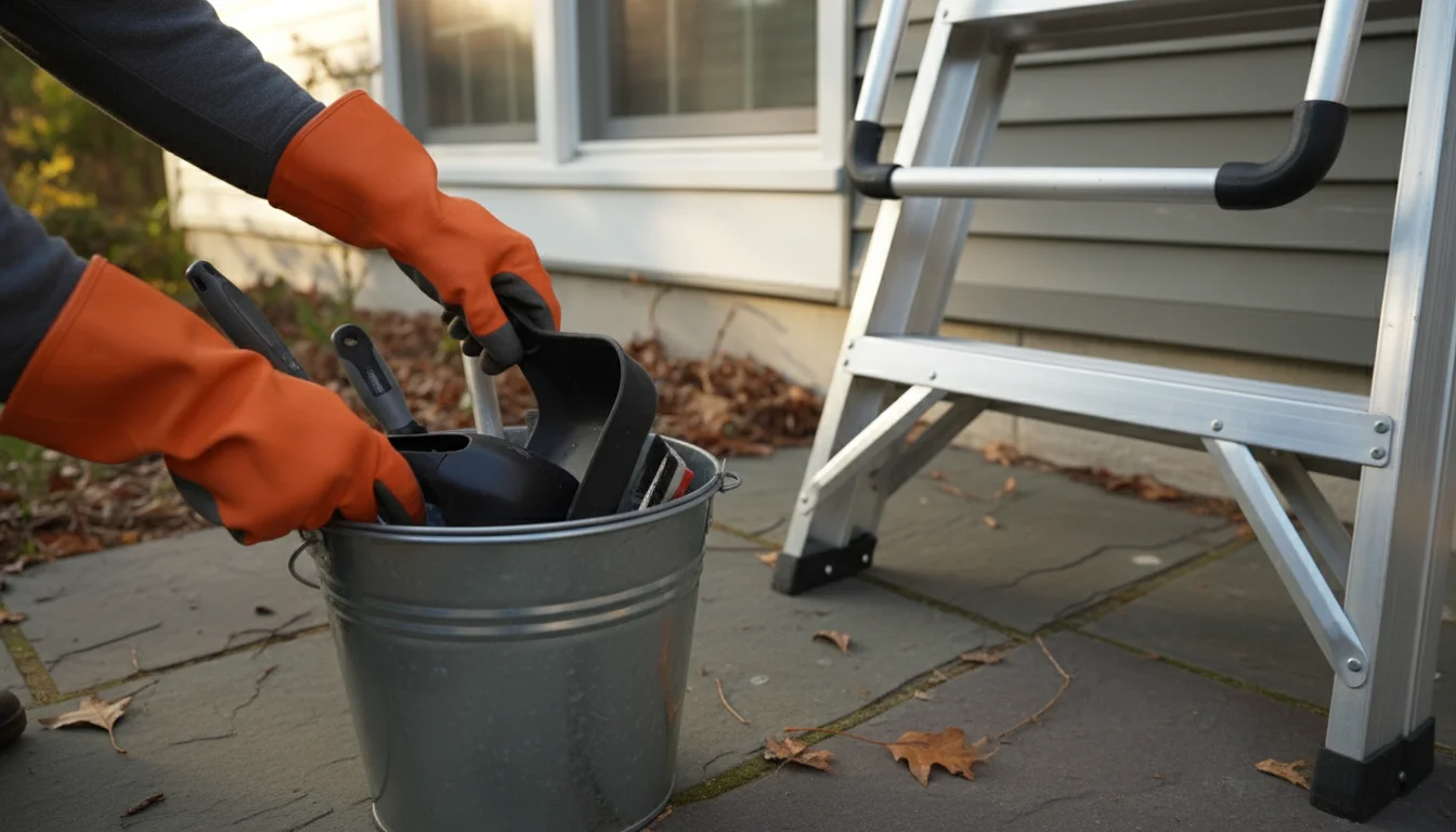 Gloved hands reaching for a gutter scoop in a bucket next to a sturdy extension ladder against a house.