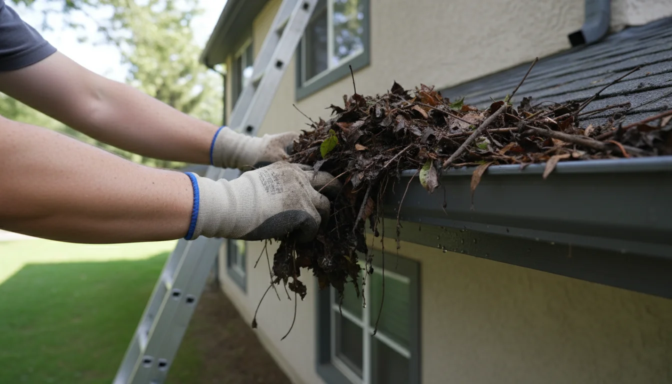Gloved hands carefully scoop wet leaves and debris from inside a residential gutter, with a ladder leaning against the house in the background.