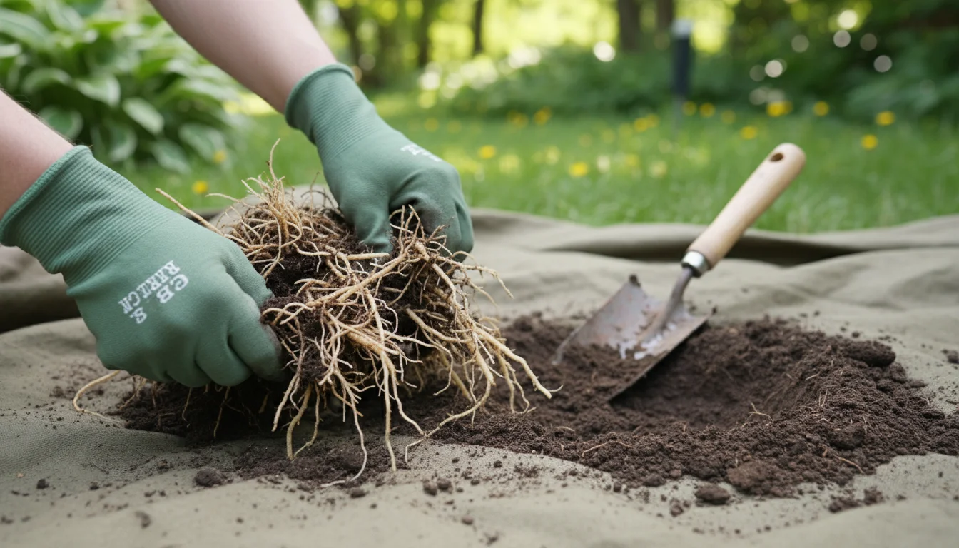 Gloved hands gently separating a hosta plant clump into smaller sections on a canvas tarp beside a freshly dug hole in an autumn garden.