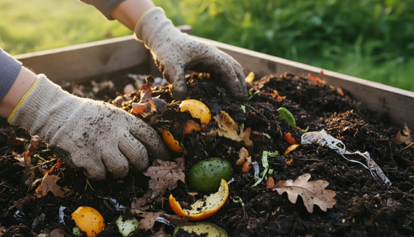 A close-up view of gloved hands sifting through compost, revealing a mix of green kitchen scraps and dry brown leaves.