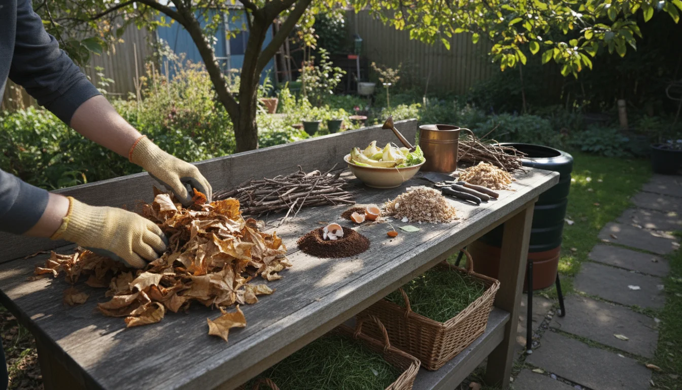 Gloved hands sorting dried leaves on a wooden workbench, next to a small bin of kitchen scraps, torn cardboard, and shredded newspaper.