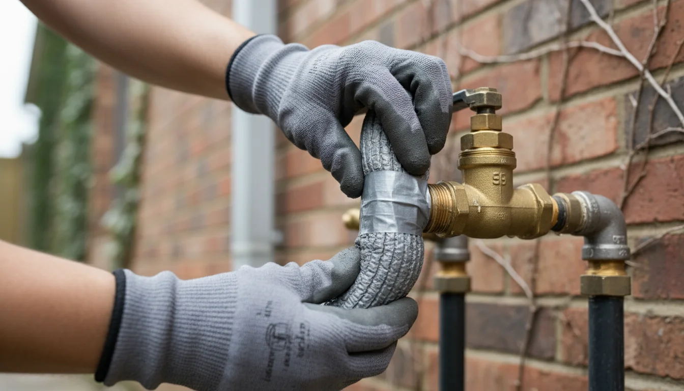 Close-up of gloved hands wrapping an outdoor backflow preventer with grey foam pipe insulation.