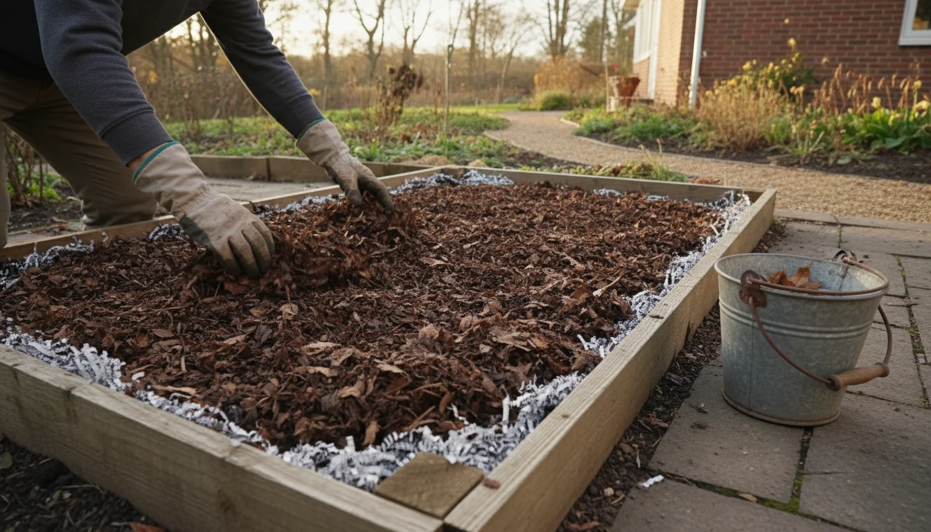 Gloves hands spread shredded leaves over a garden bed, with visible newspaper strips and wood chips in a rustic bucket.