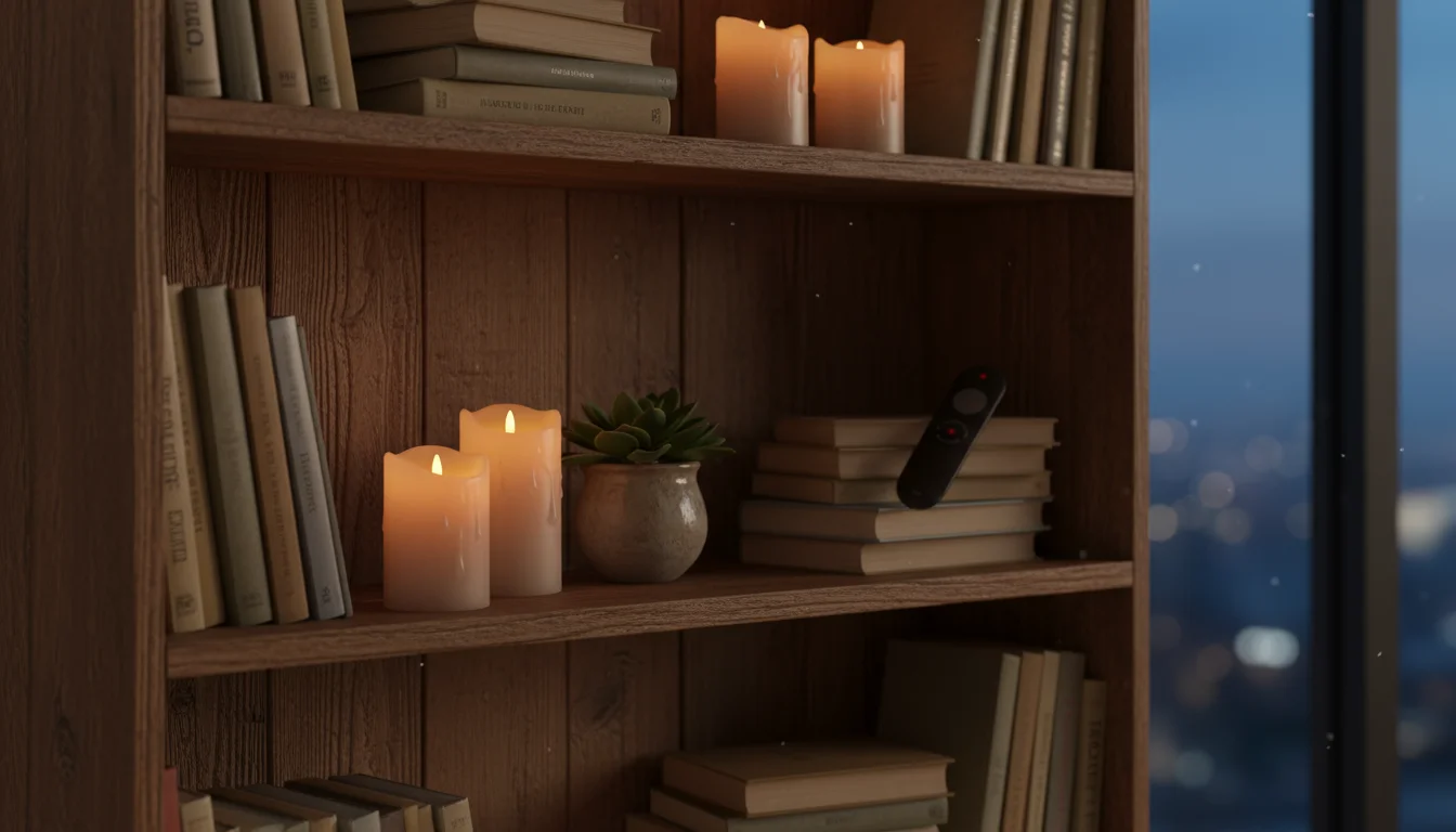 Glowing LED pillar candles with realistic wax texture on a cozy wooden bookshelf next to books and a remote control, casting warm light.