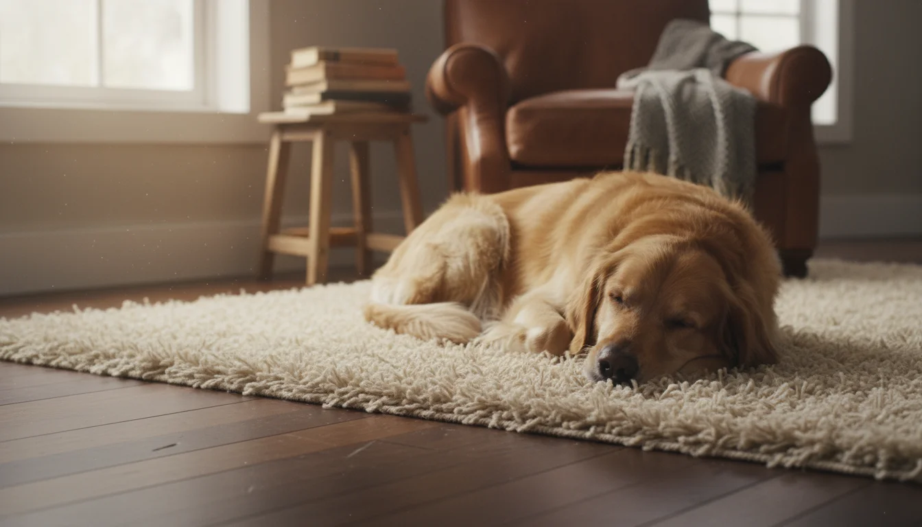 A golden retriever dog sleeps on a cream shag rug partially covering a dark hardwood floor with visible scuffs.
