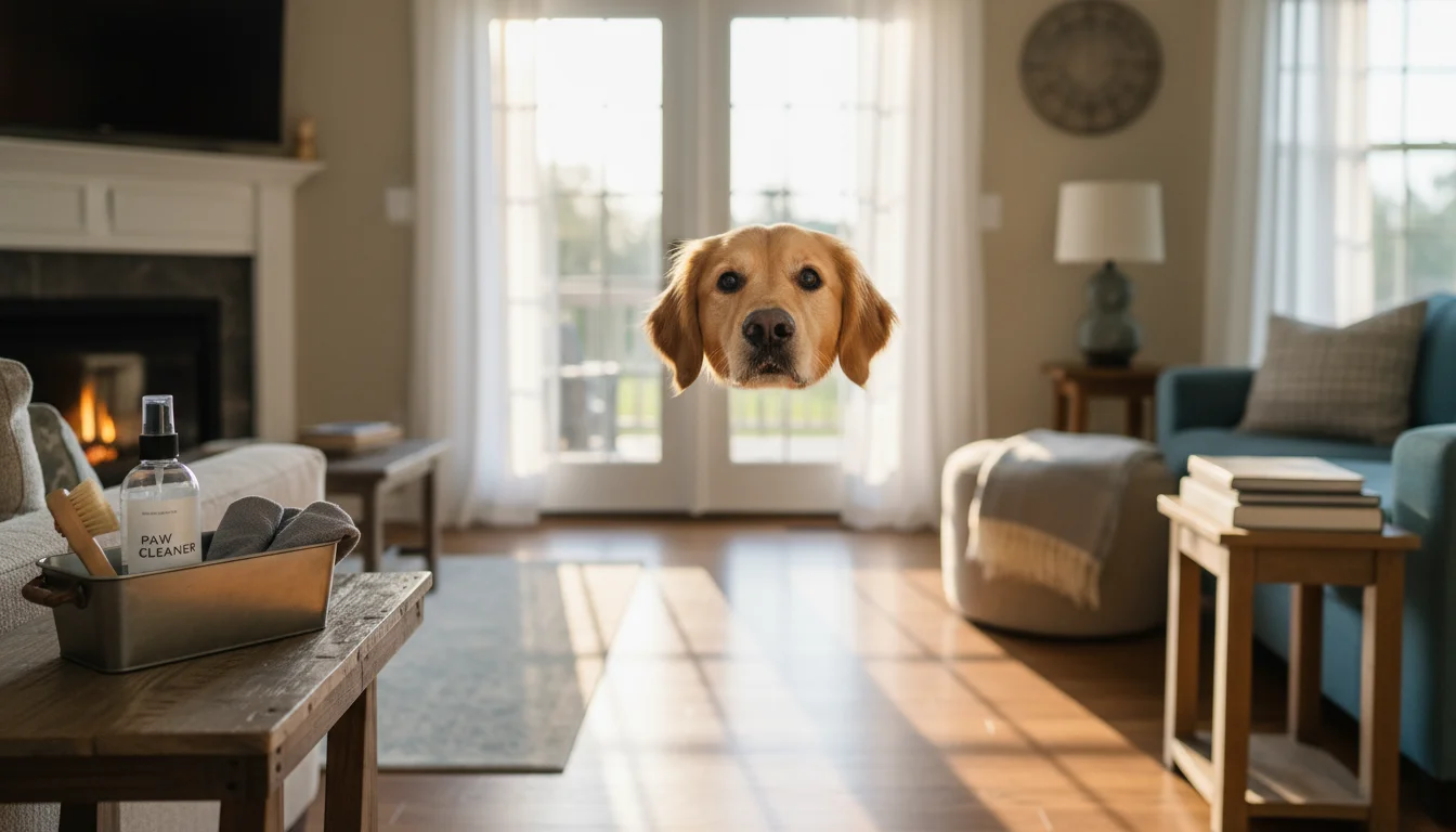 A golden retriever's nose print on a glass patio door. A spray bottle and microfiber cloth are on a nearby console table.