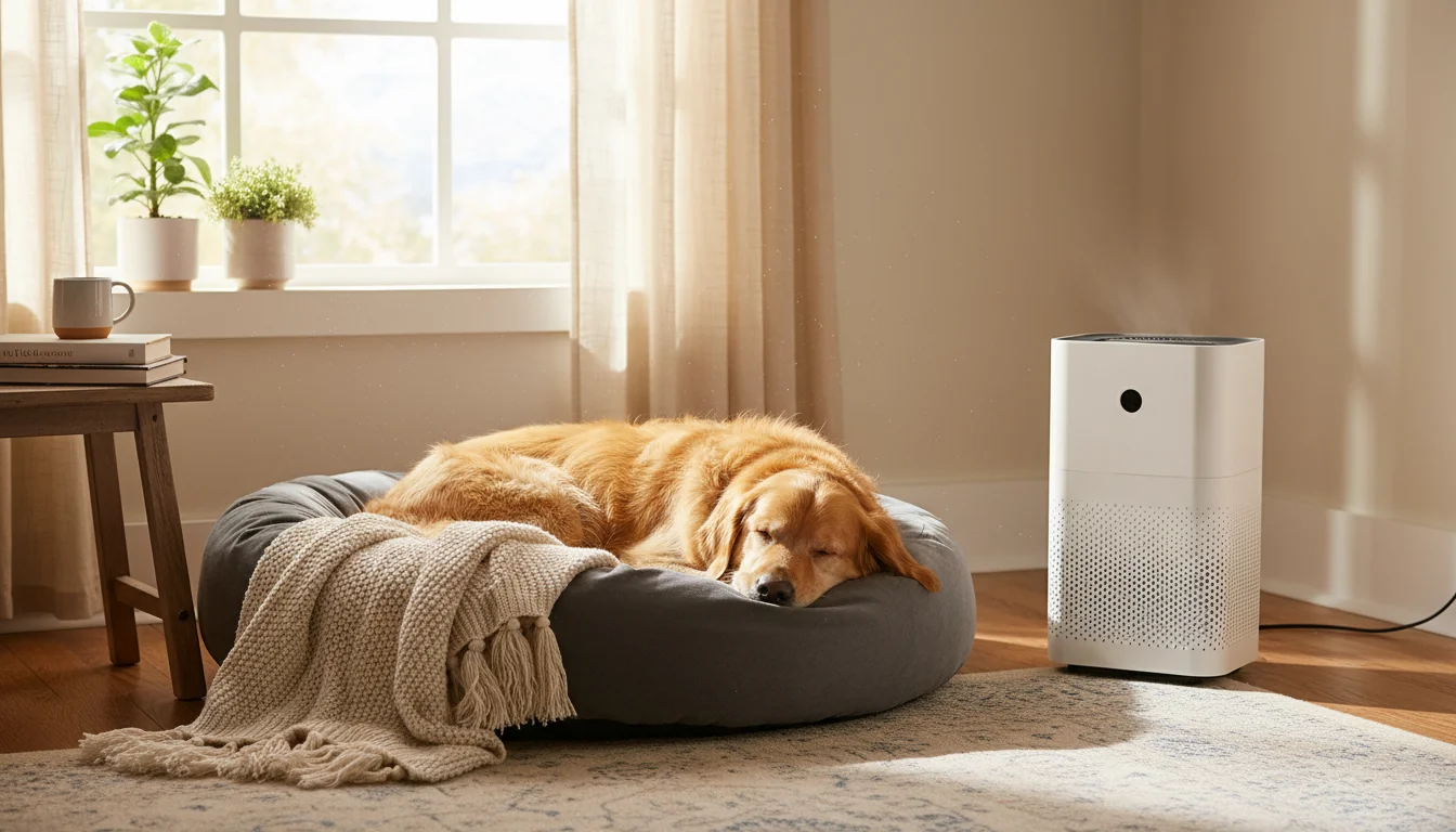 A golden retriever peacefully sleeps on a dog bed with a sleek white portable air purifier nearby in a sunlit living room corner.