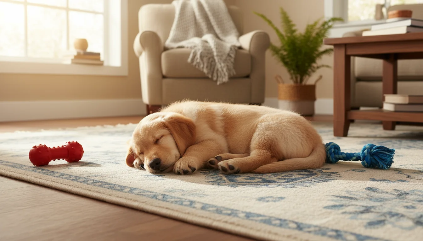 A golden retriever puppy peacefully sleeps on a patterned polypropylene rug in a sunlit living room, with colorful dog toys nearby.