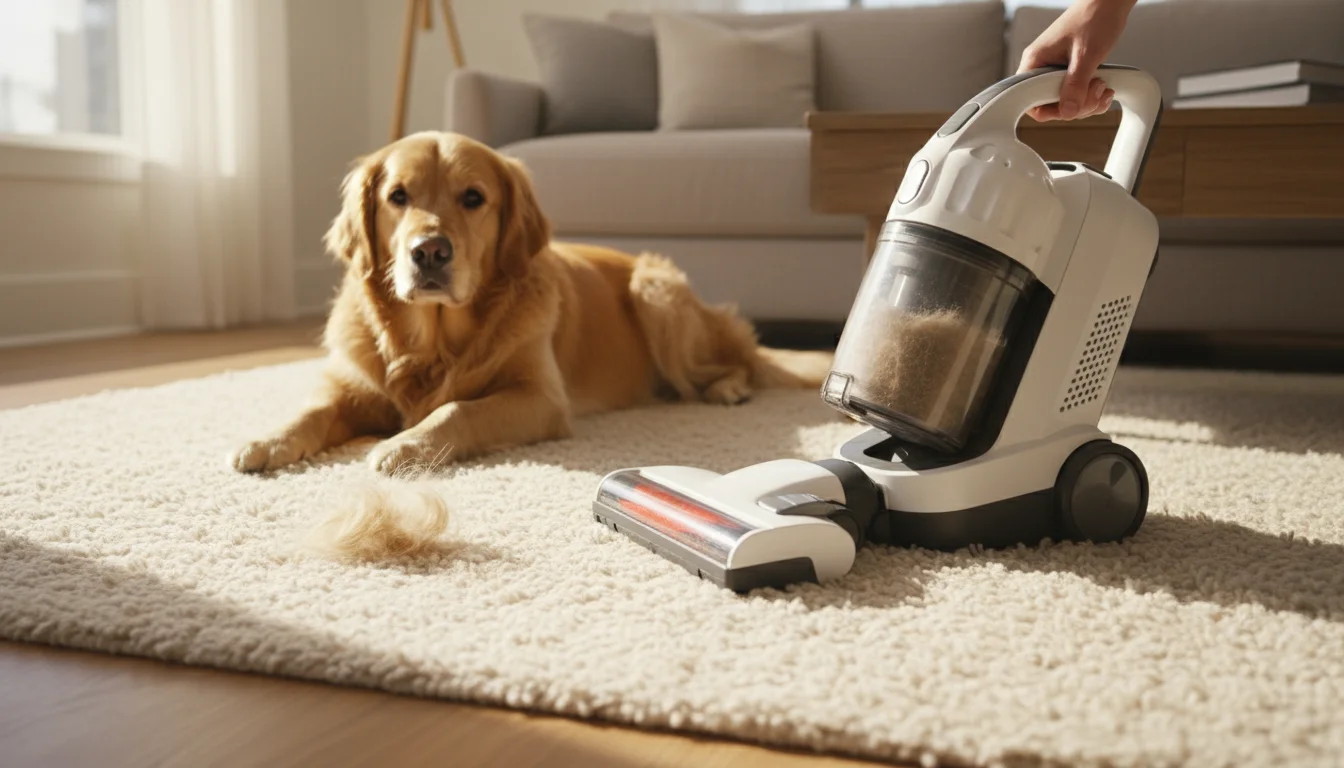 A Golden Retriever on a rug, next to a wisp of fur and a hand on an upright vacuum cleaner.