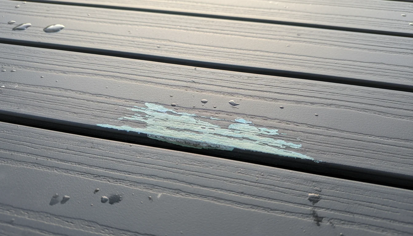 A gray composite deck plank shows visible streaks of faded color and dull texture, a clear sign of chemical damage.