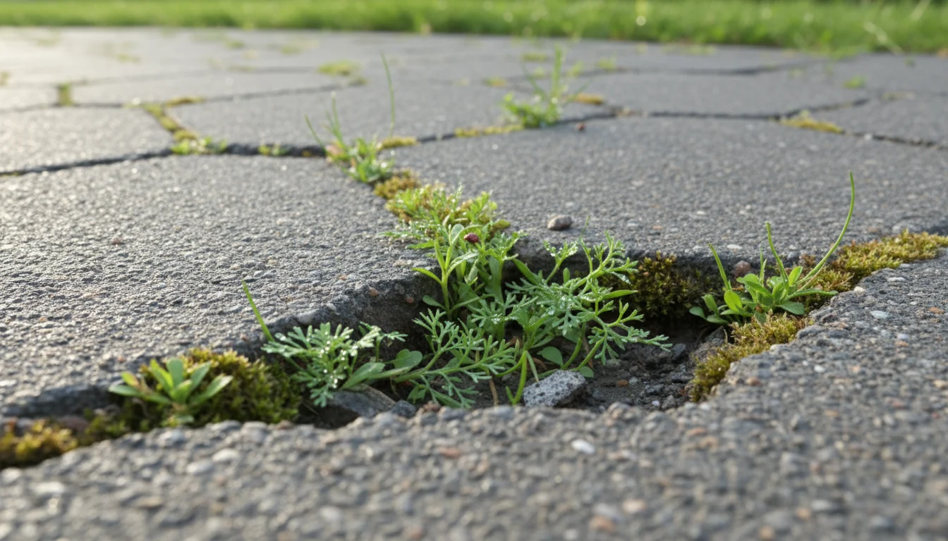 Close-up of green weeds and moss growing vigorously through a widening crack in a gray concrete patio paver.