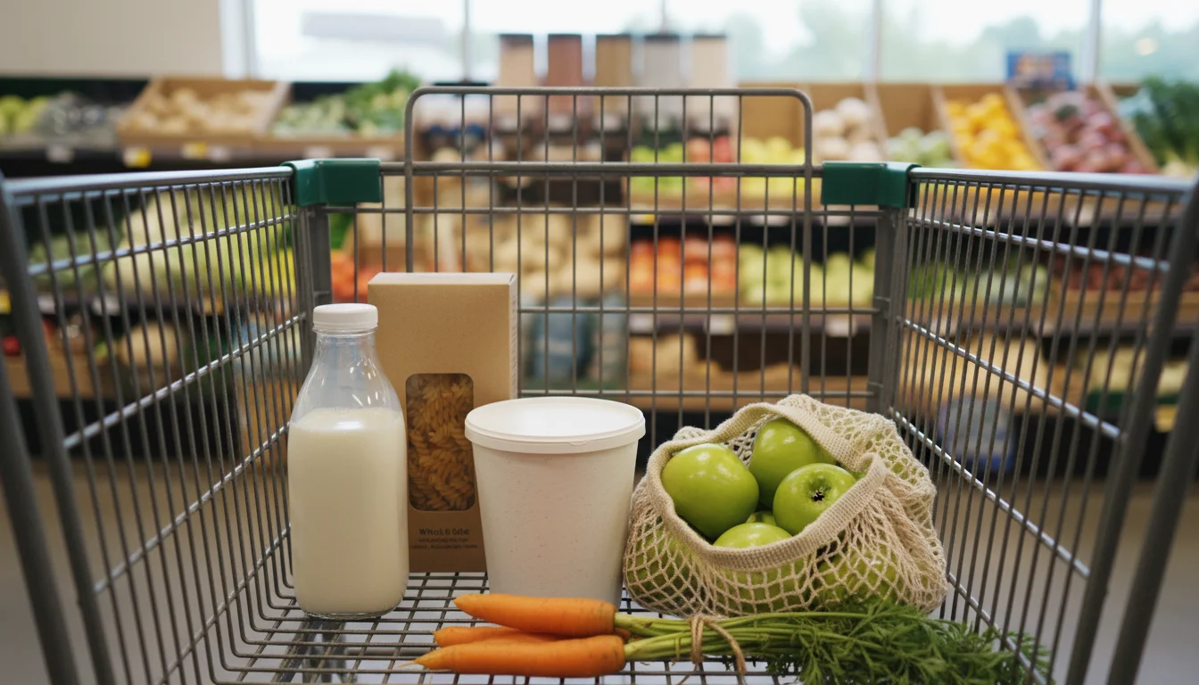A grocery cart with sustainable packaging: glass milk, cardboard pasta, large yogurt, mesh bag with apples, and loose carrots.