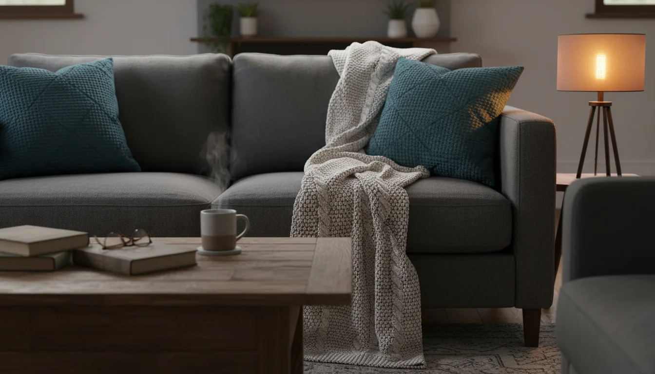 Ground-level view of a cozy sofa with warm light. A cream knit throw and teal pillows are illuminated by an amber table lamp.