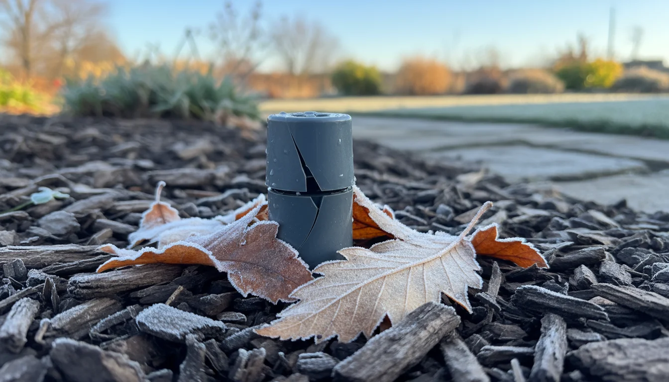 A ground-level shot of a cracked sprinkler head in a mulched autumn garden bed with frosted leaves.