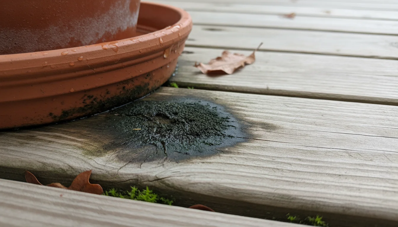 Close-up, ground-level view of greenish-black mildew on a cedar deck board where it meets a terracotta plant pot.