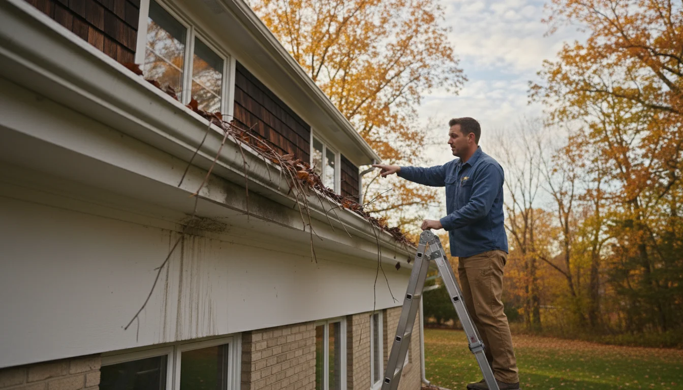 Wide shot, ground level looking up at a two-story home. A dark gray gutter visibly sags, pulling away from a white fascia board. Homeowner observes.