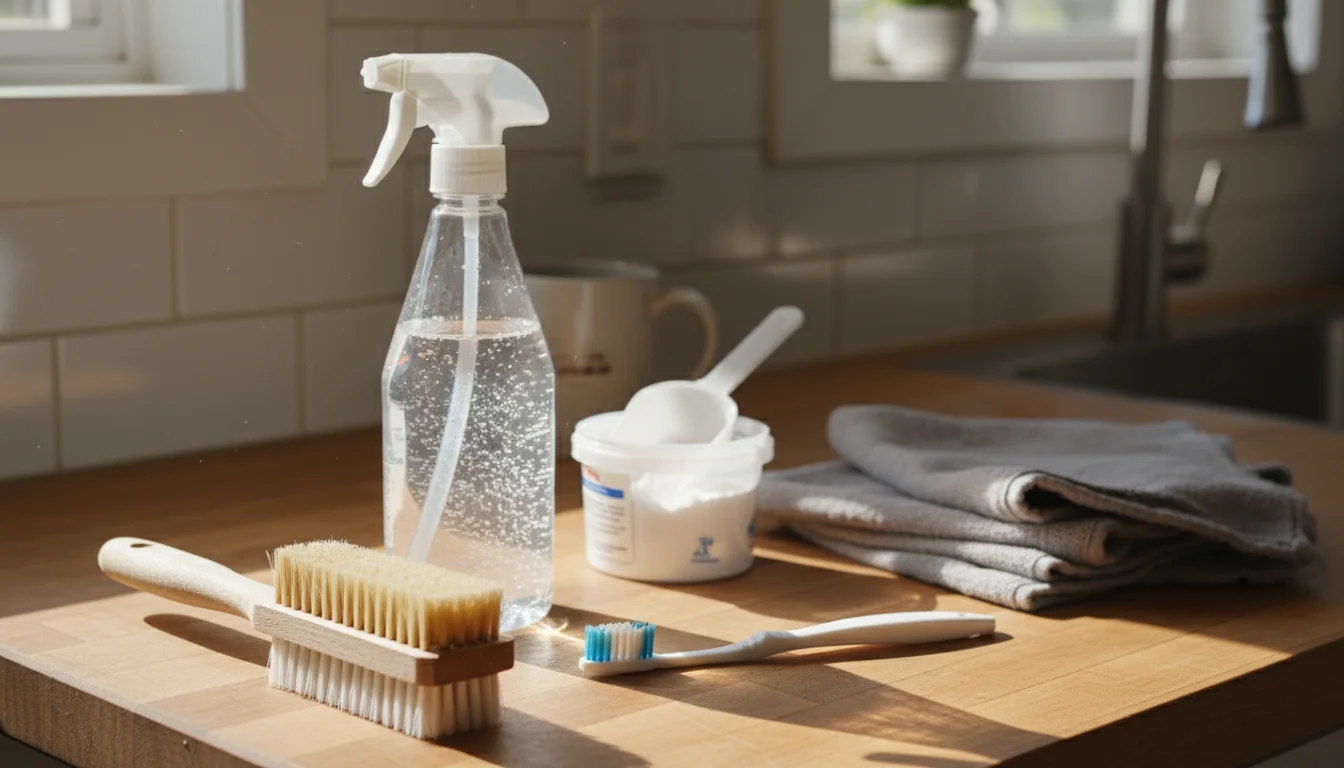 Grout cleaning supplies arranged on a kitchen counter: a stiff brush, an old toothbrush, a spray bottle, a bowl with paste, and a microfiber cloth.