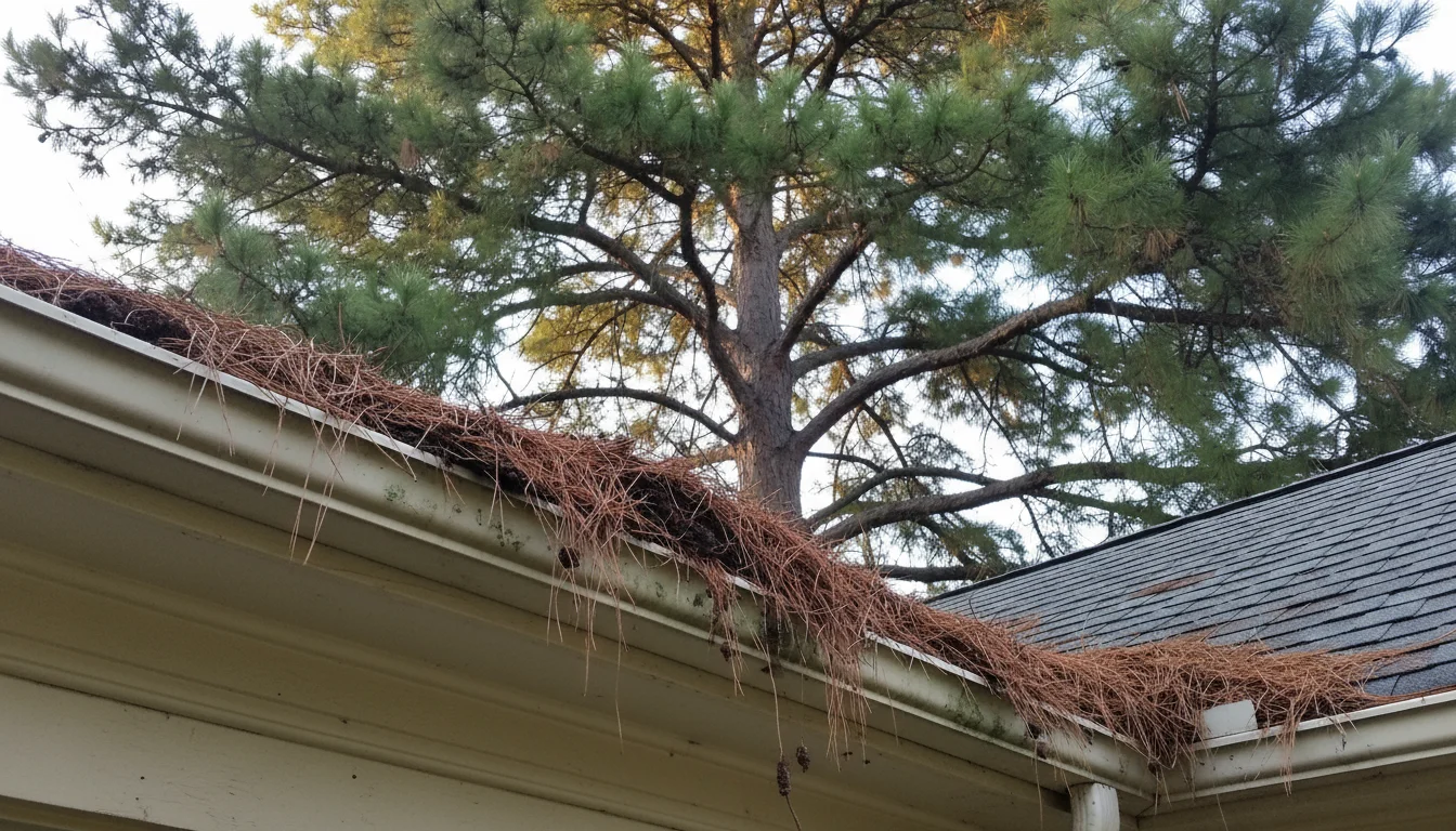 A gutter on a house visibly filled with dark, compacted pine needles, with tall pine trees looming closely in the background.