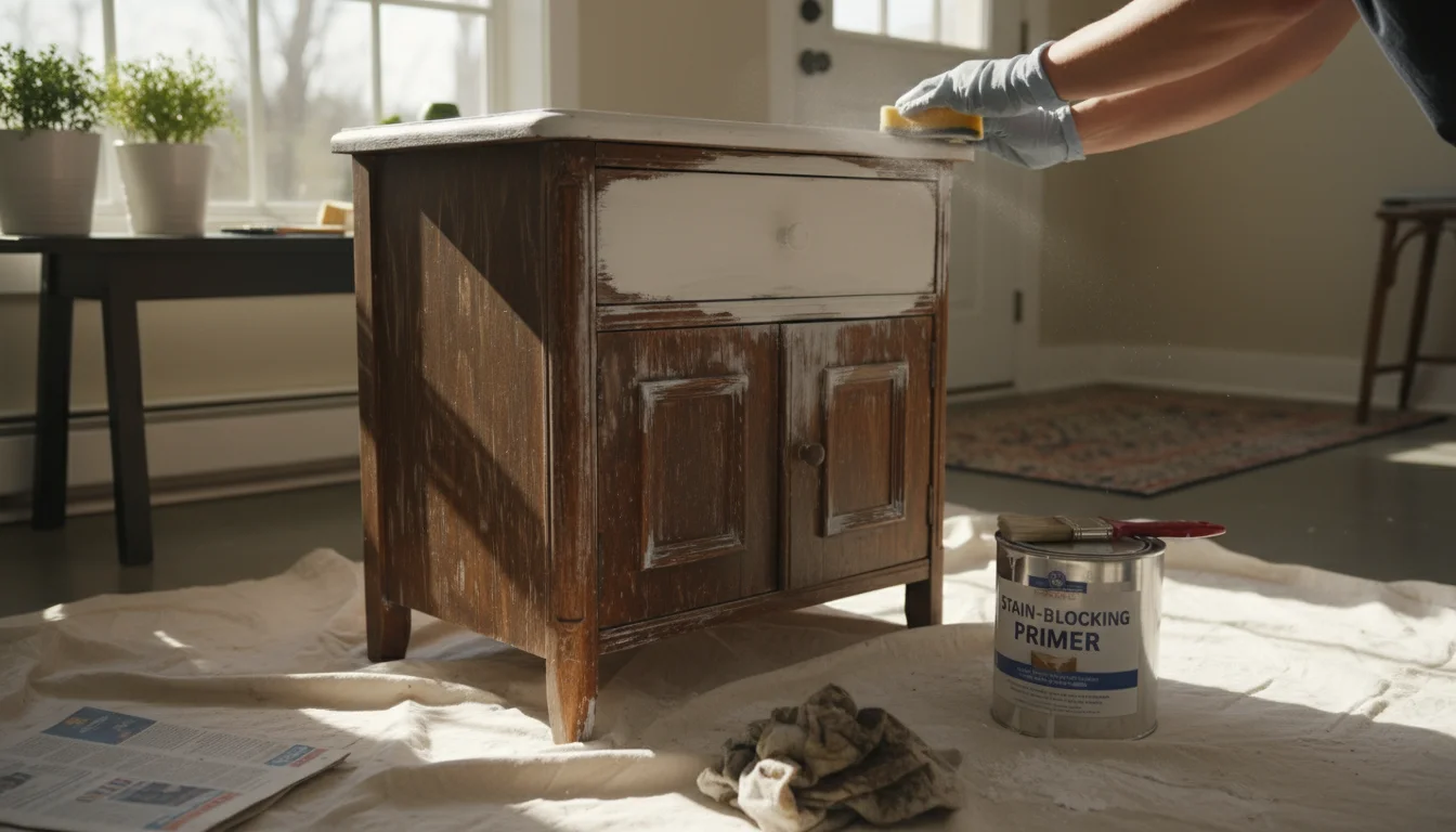 A half-primed antique nightstand on a drop cloth in a sunlit entryway, a person gently sanding the white primer.