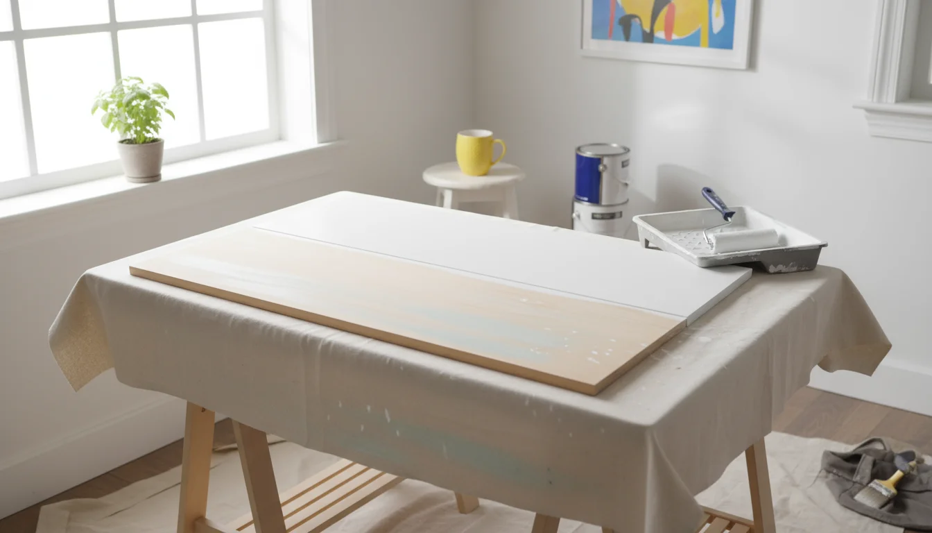Half-primed kitchen cabinet door showing stark contrast between the smooth white primer and original wood, resting on a workbench.