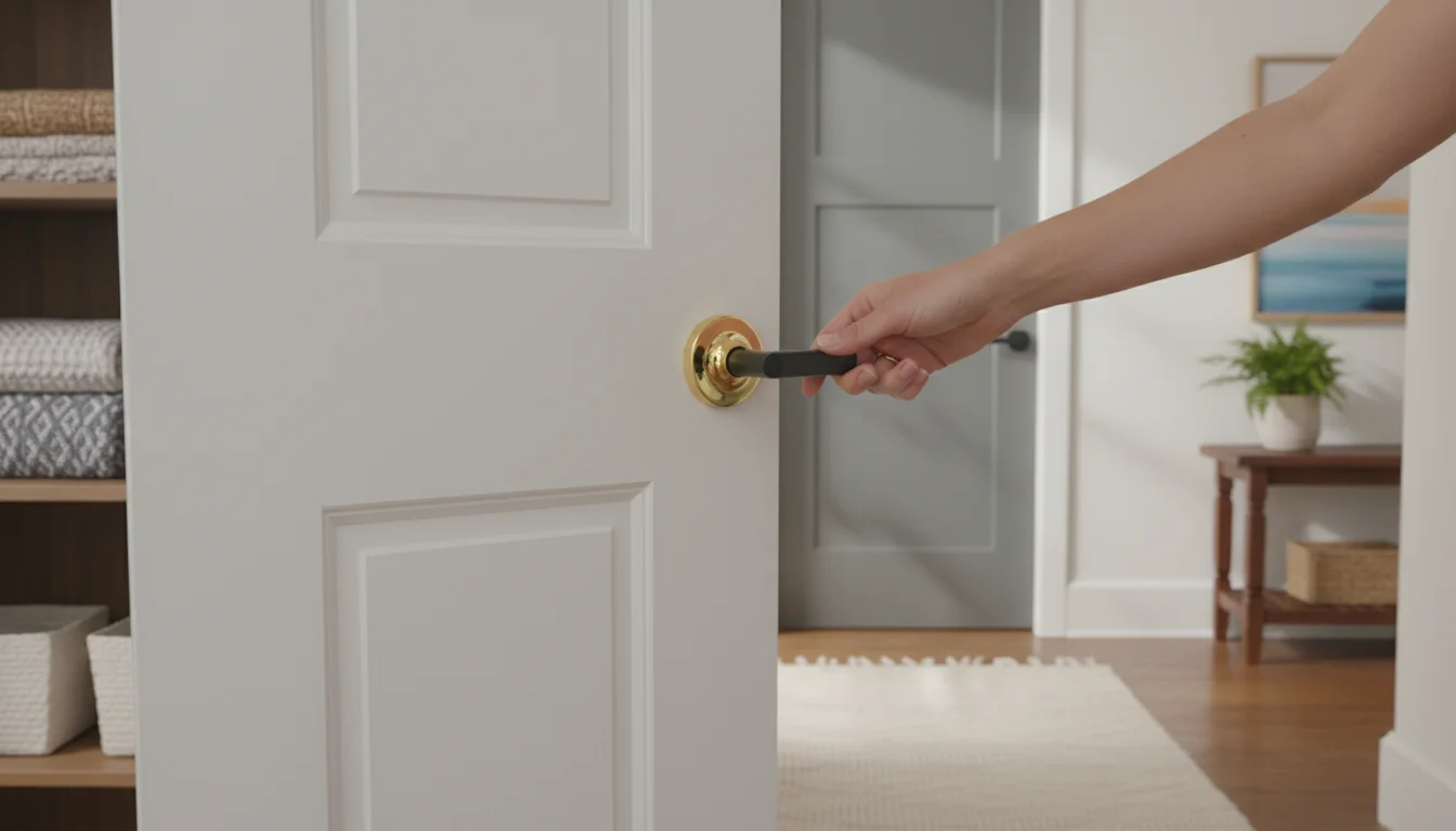 A hallway featuring a white closet door with a brass passage knob and a gray bedroom door with a black privacy lever, a hand touching it.
