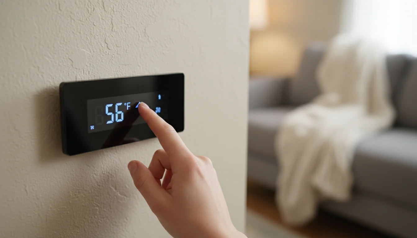 A hand adjusts a digital thermostat on a wall, displaying 56 degrees Fahrenheit, with a soft-focus cozy living room visible behind it.