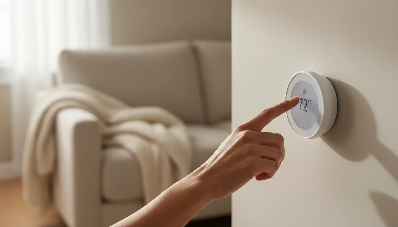 A hand adjusts a modern white smart thermostat on a beige wall in a softly lit living room, hinting at energy-saving routines.