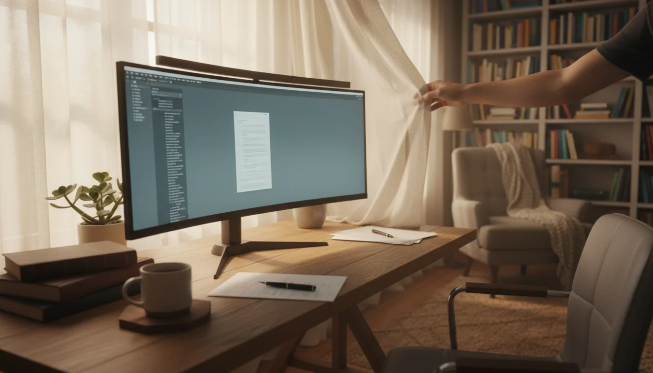 A hand gently adjusts a sheer curtain next to a home office desk, diffusing natural light onto a monitor with a visible anti-glare hood.