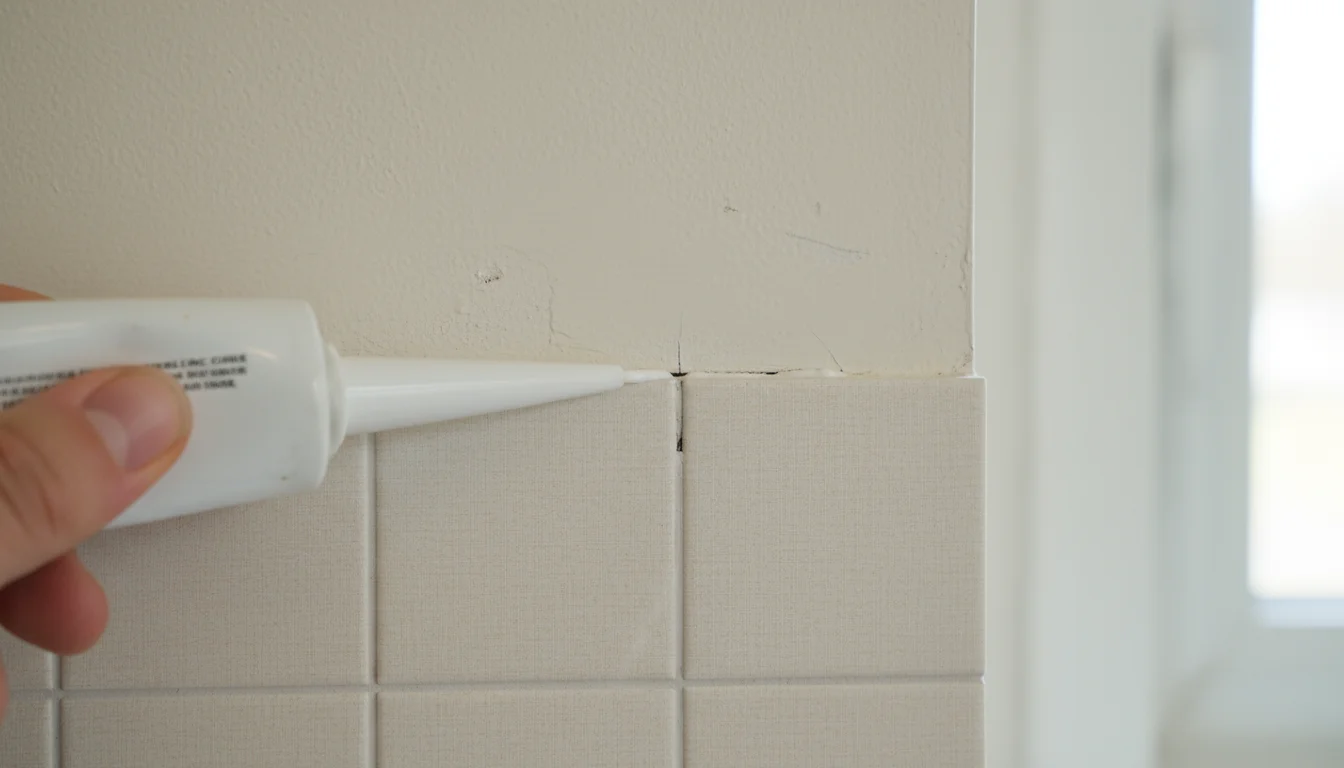 A hand applies white caulk to a tiny gap between light grey peel-and-stick tiles on a kitchen wall.
